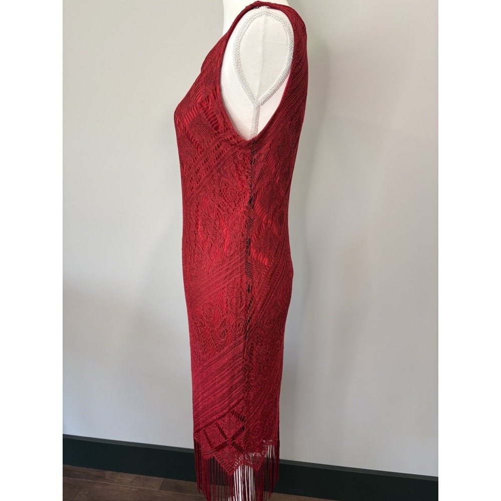 Vintage SAVVY Womens Fringe Flapper Dress Size L Red‎ Crochet Vampy Fairygoth - Picture 2 of 7